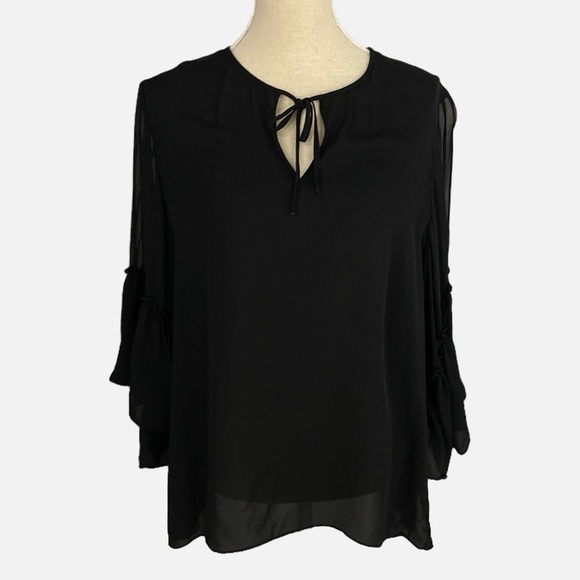 Kobi Halperin Silk Blouse Top Size XL Black Sheer Bell sleeves Popover Witchy - Picture 1 of 12